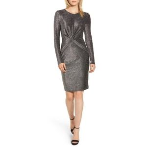 Michael Kors Shimmer Twist Front Long Sleeve Dress Silver Sparkle Lurex Size M